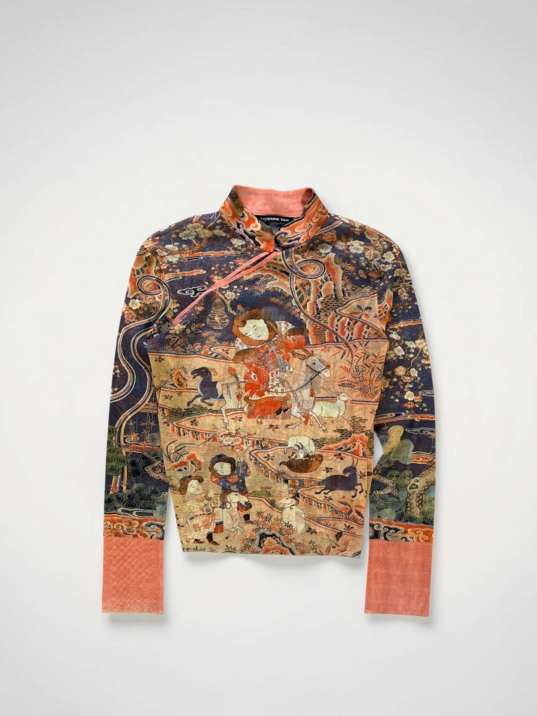 Vivienne Tam "Kesi Tapestry with Embroidery of Dispelling the Winter Cold with Nine Yangs" Mandarin Collar Top