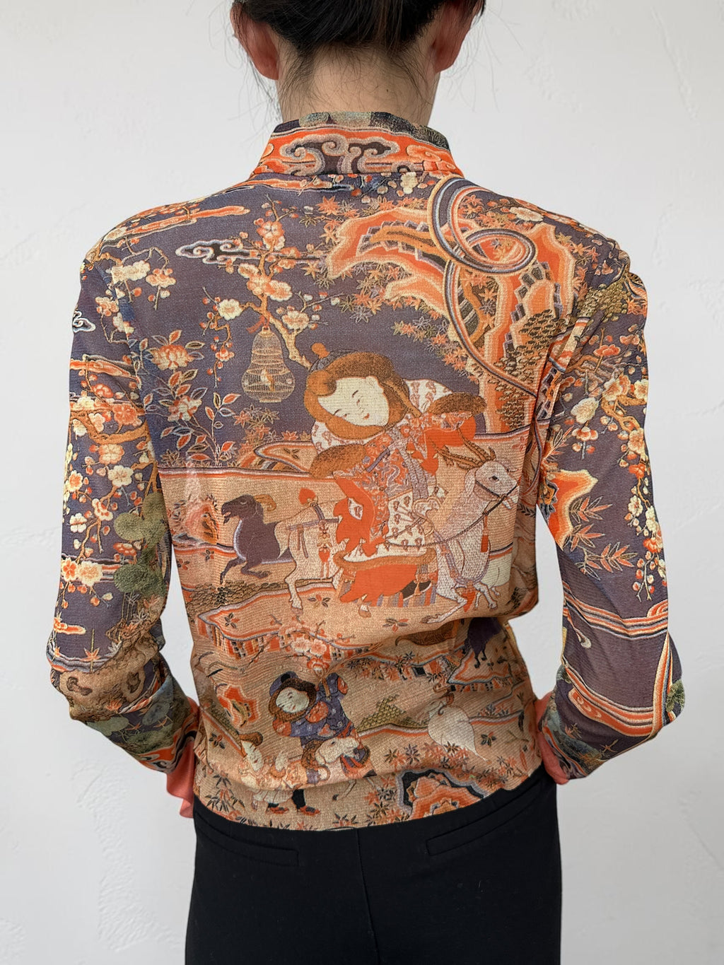 Vivienne Tam "Kesi Tapestry with Embroidery of Dispelling the Winter Cold with Nine Yangs" Mandarin Collar Top