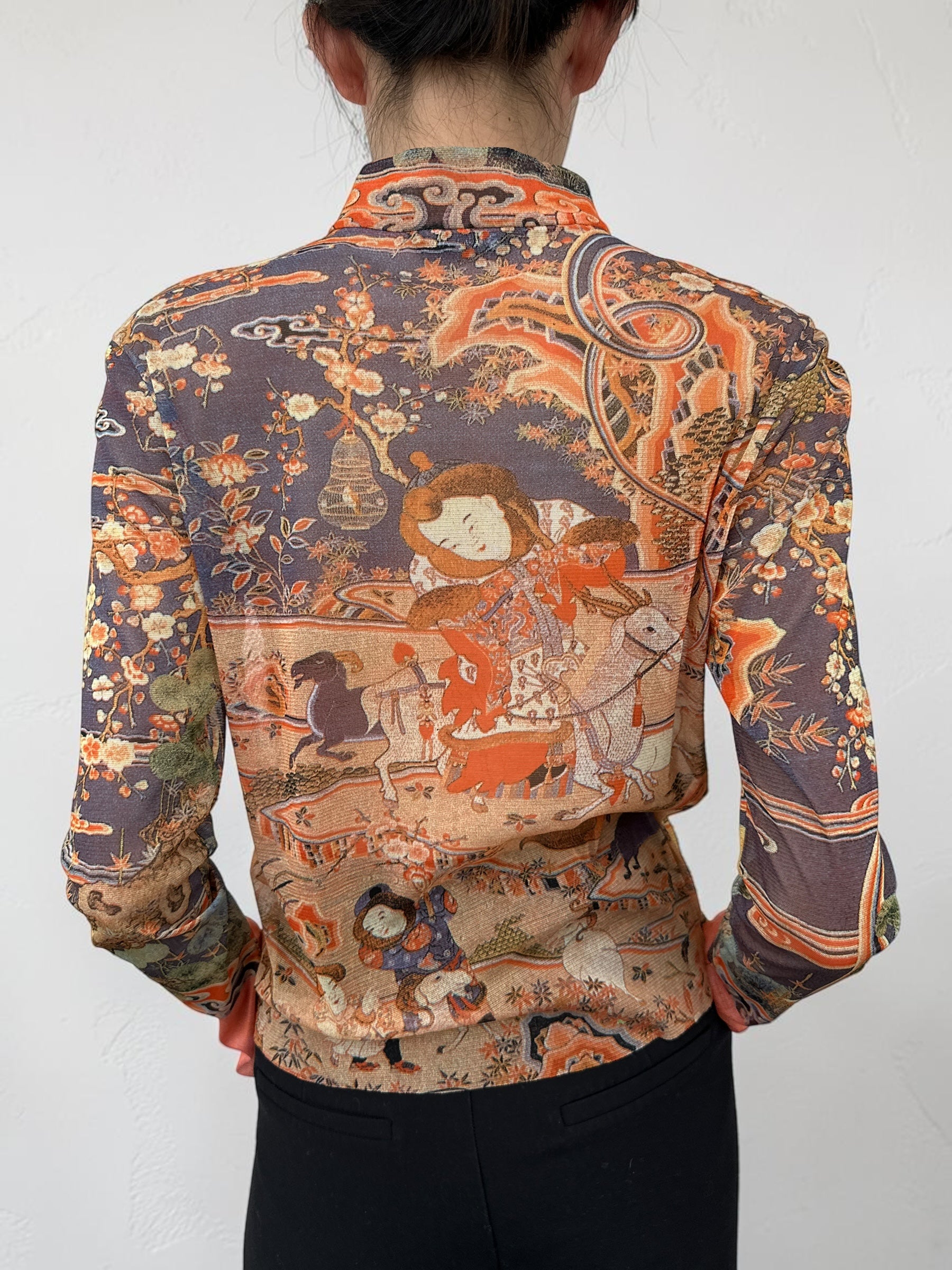 Vivienne Tam "Kesi Tapestry with Embroidery of Dispelling the Winter Cold with Nine Yangs" Mandarin Collar Top