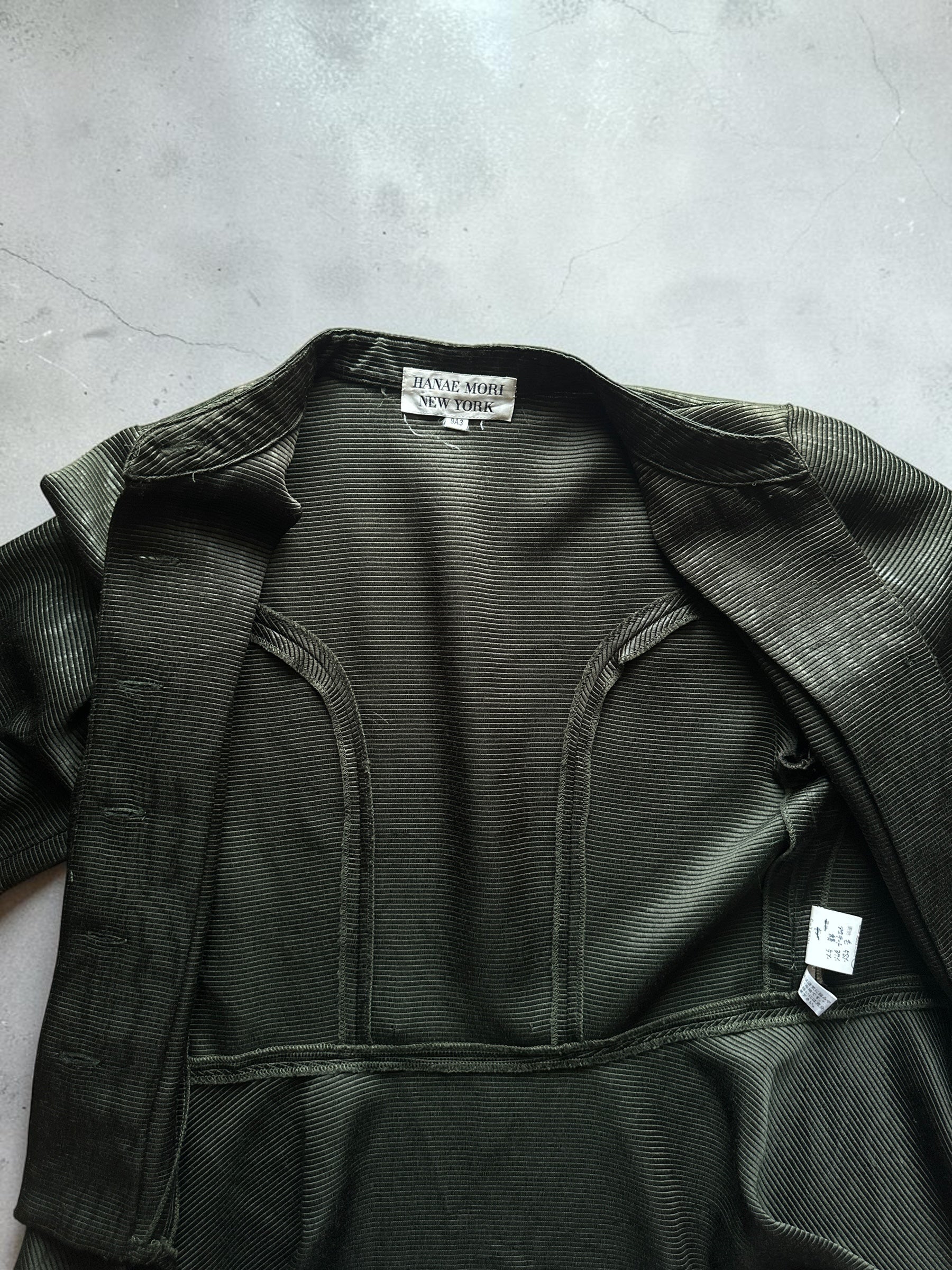 90s HANAE MORI NEW YORK Olive Ribbed Peplum Jacket