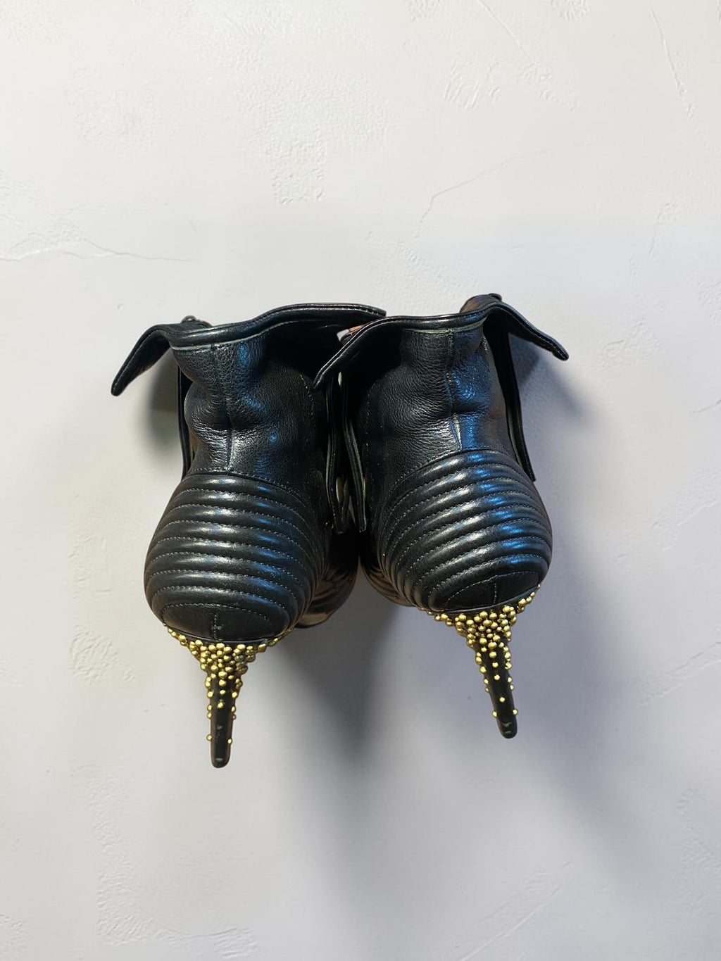 Alexander McQueen "Faithful" Black Leather Wing-Embossed Skull Peep Toe Boots