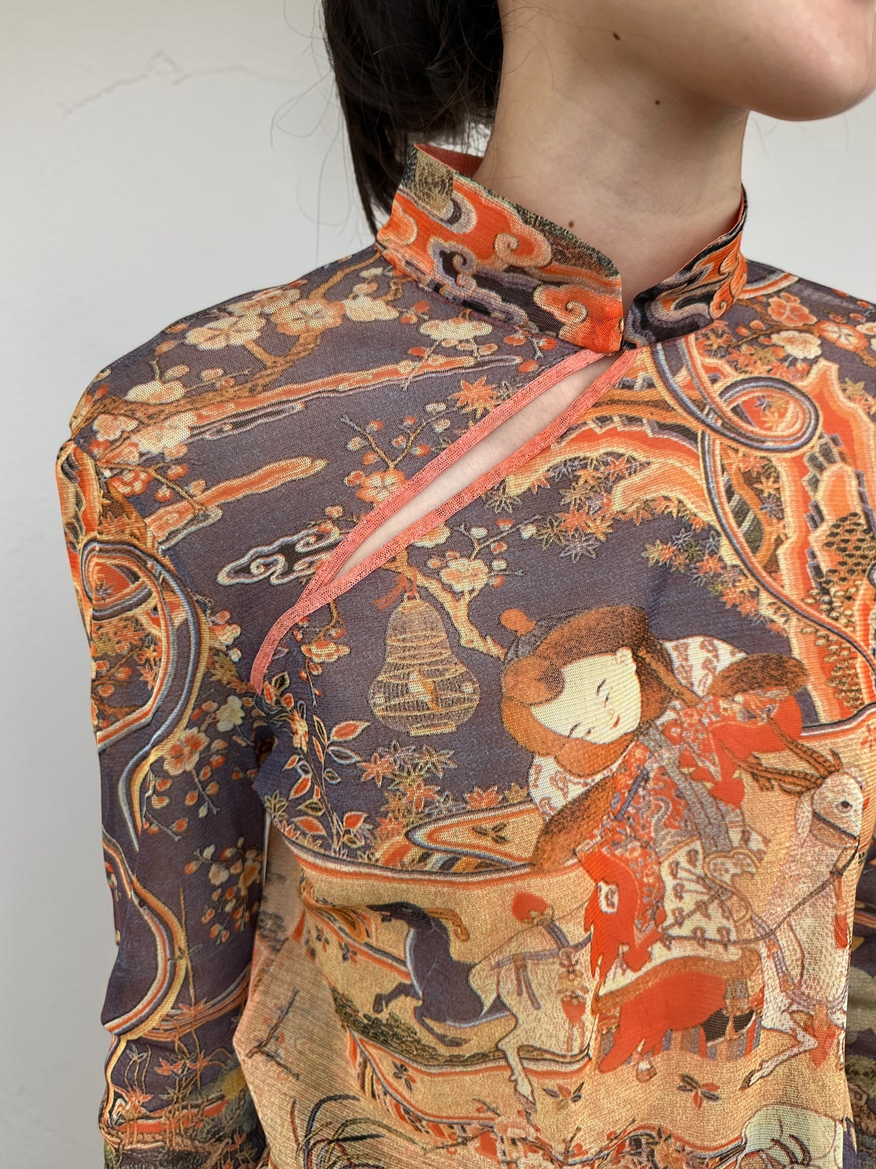 Vivienne Tam "Kesi Tapestry with Embroidery of Dispelling the Winter Cold with Nine Yangs" Mandarin Collar Top