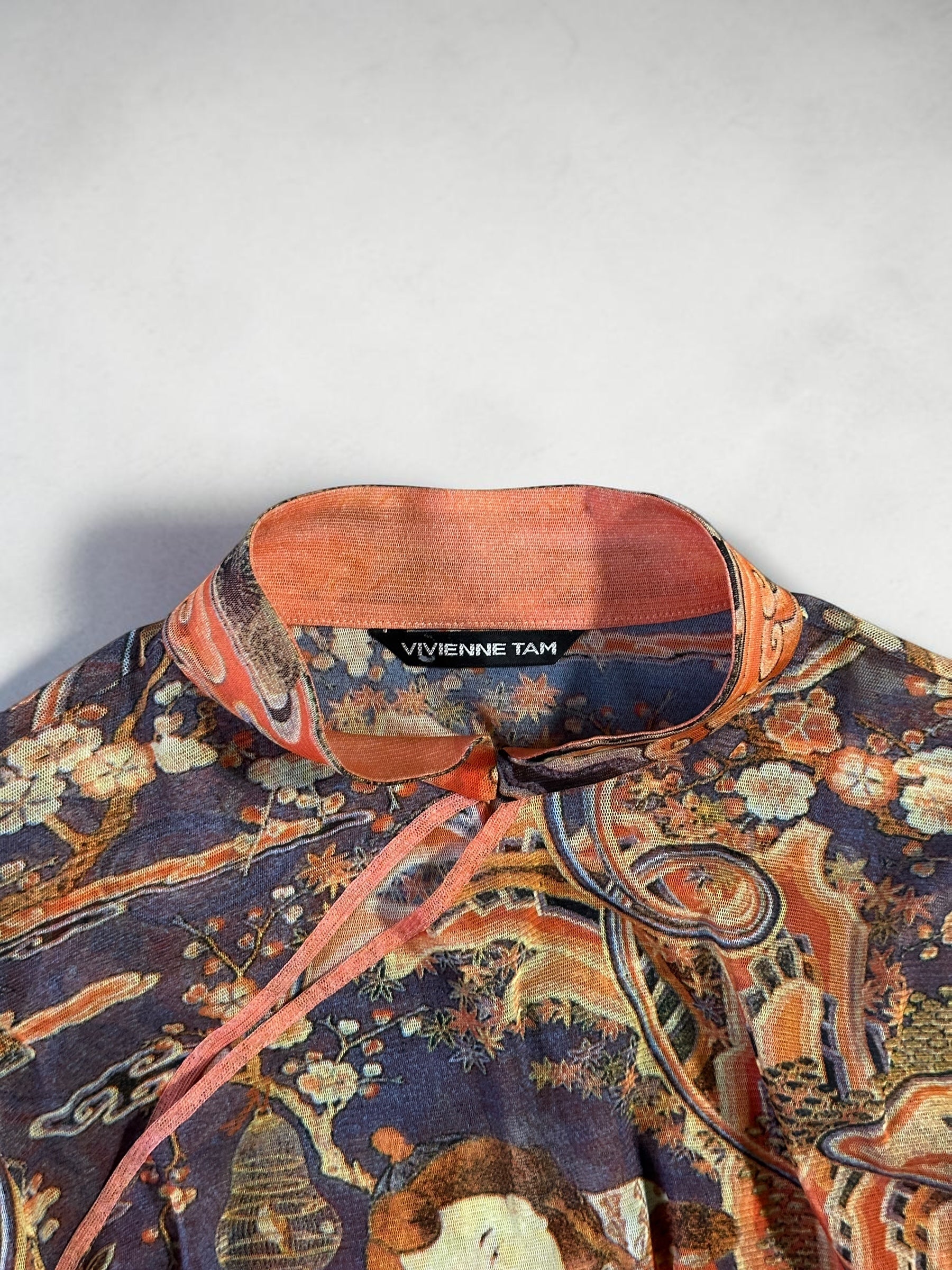 Vivienne Tam "Kesi Tapestry with Embroidery of Dispelling the Winter Cold with Nine Yangs" Mandarin Collar Top