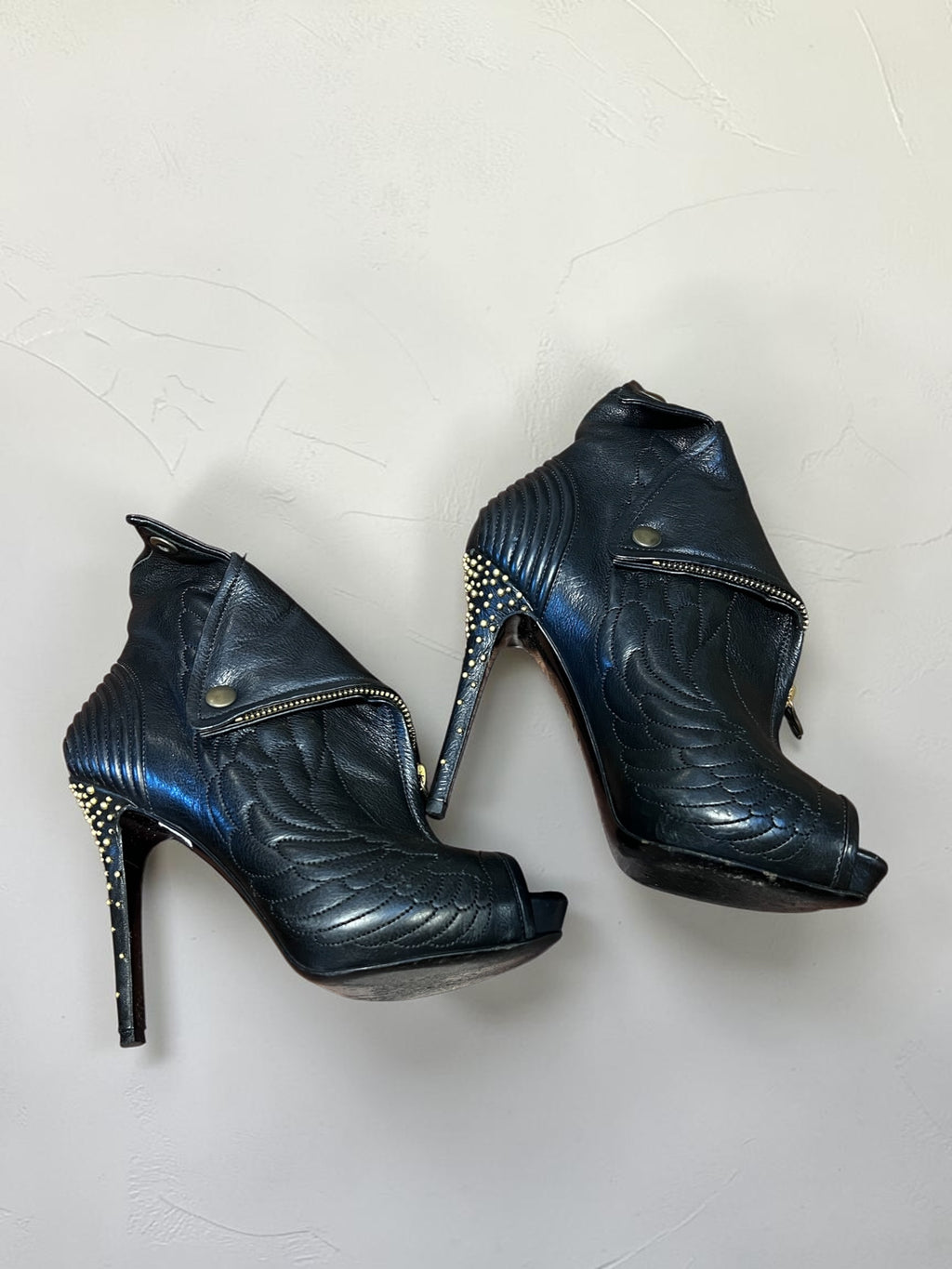 Alexander McQueen "Faithful" Black Leather Wing-Embossed Skull Peep Toe Boots