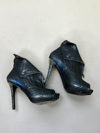 Alexander McQueen "Faithful" Black Leather Wing-Embossed Skull Peep Toe Boots