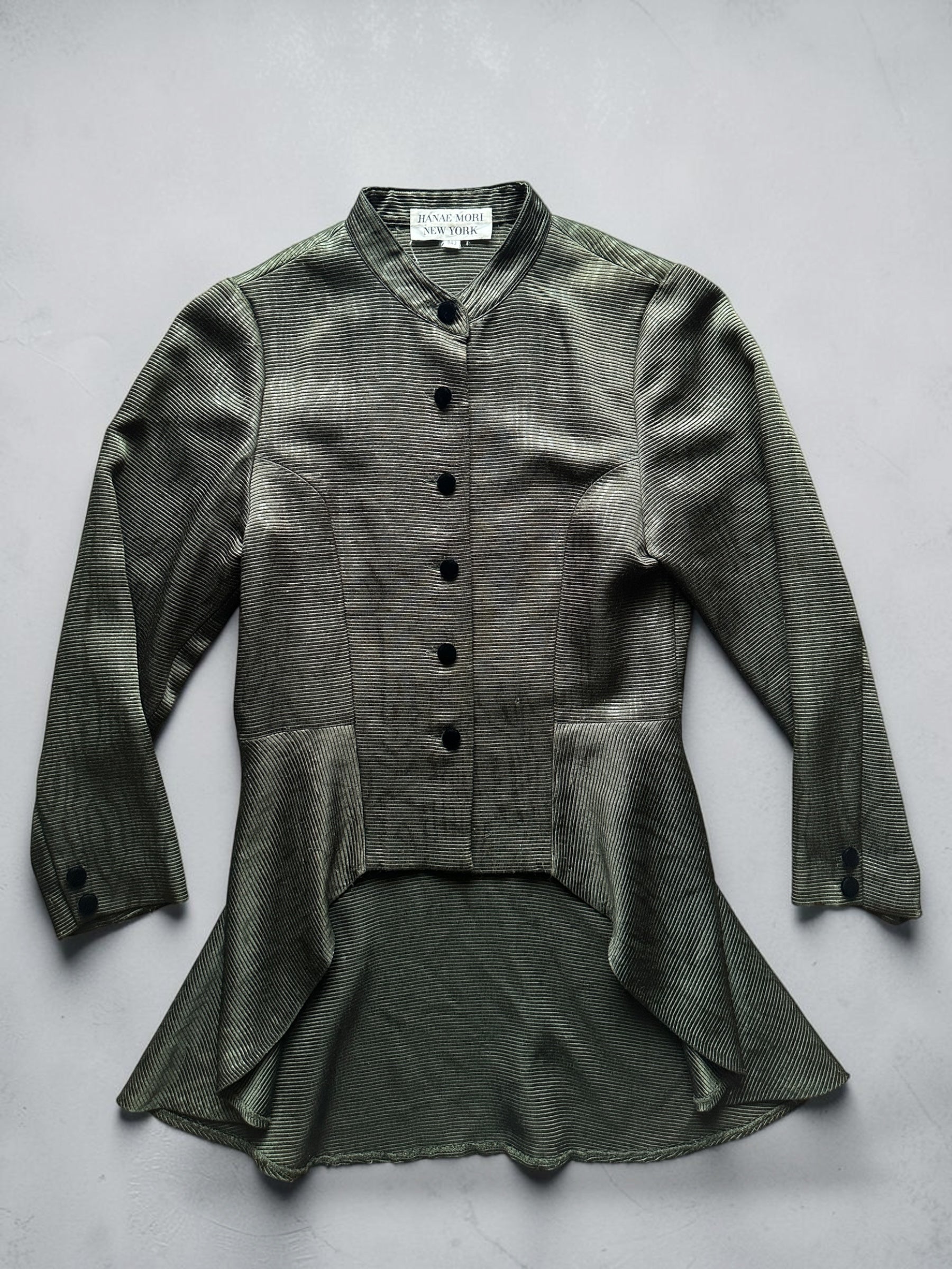 90s HANAE MORI NEW YORK Olive Ribbed Peplum Jacket