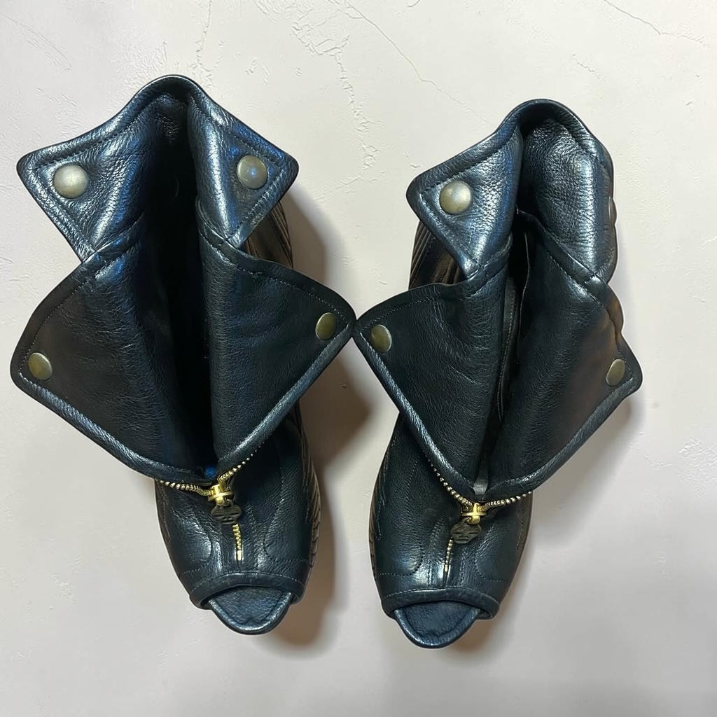 Alexander McQueen "Faithful" Black Leather Wing-Embossed Skull Peep Toe Boots