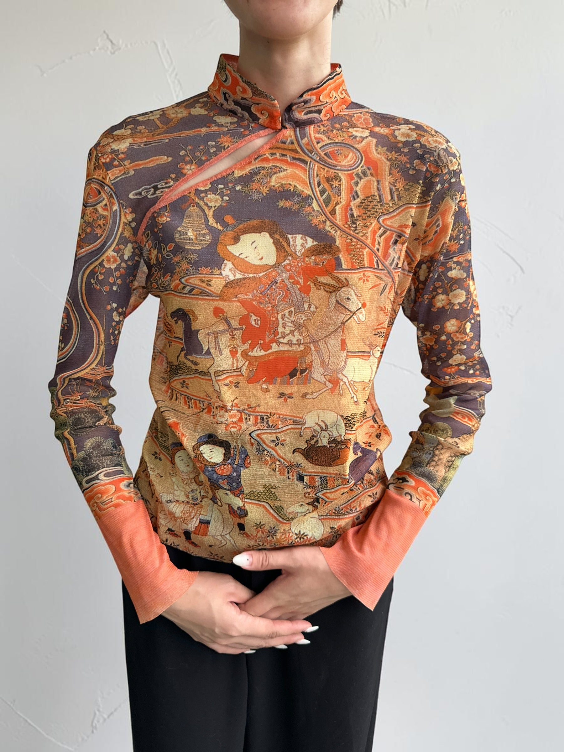 Vivienne Tam "Kesi Tapestry with Embroidery of Dispelling the Winter Cold with Nine Yangs" Mandarin Collar Top